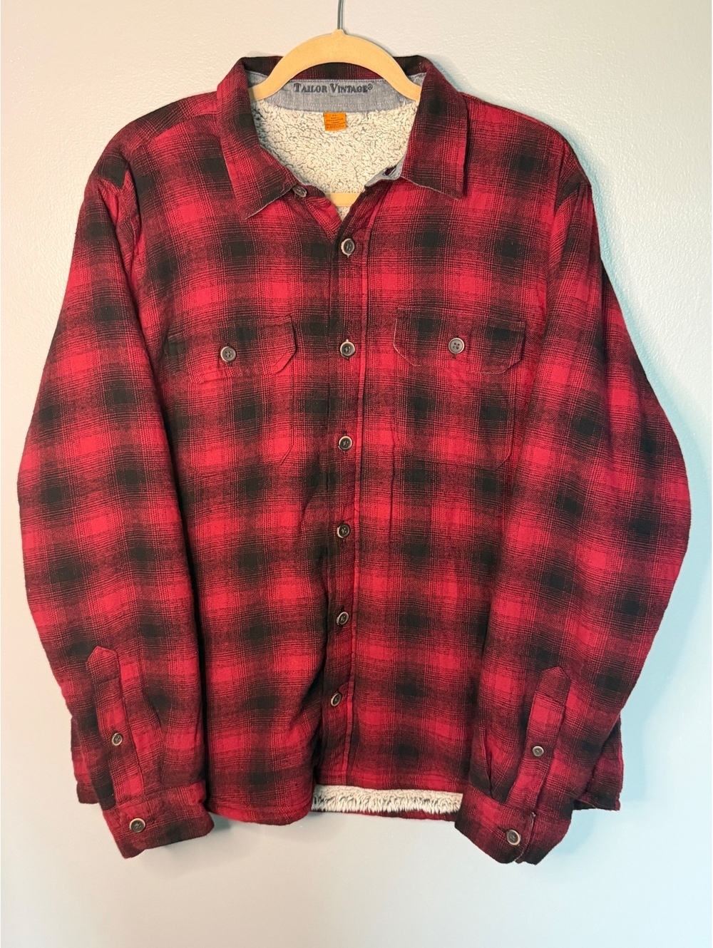 Tailor Vintage Men's Red and Black Plaid Fleece Lined Jacket XL
